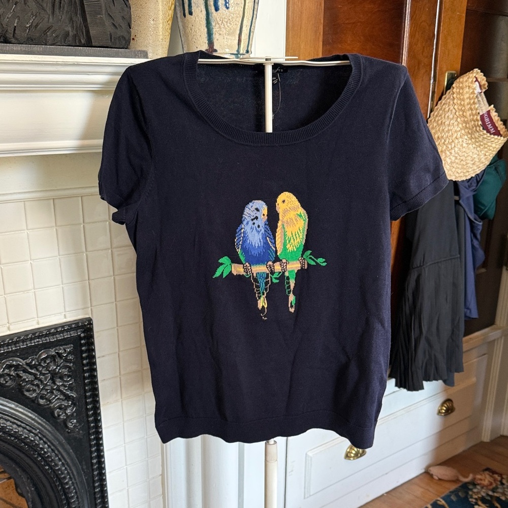 Talbots Navy sweater with Colorful Bird Design- worn about 4 times